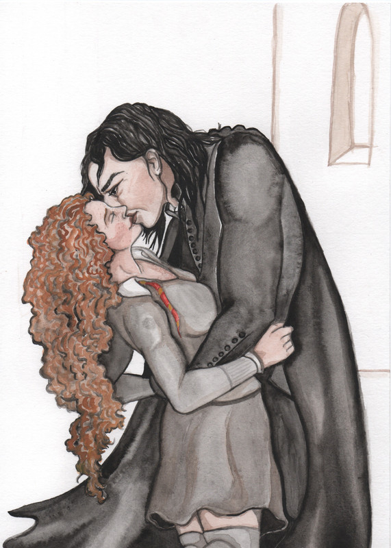 Severus and Hermione kissing in an Empty classroom