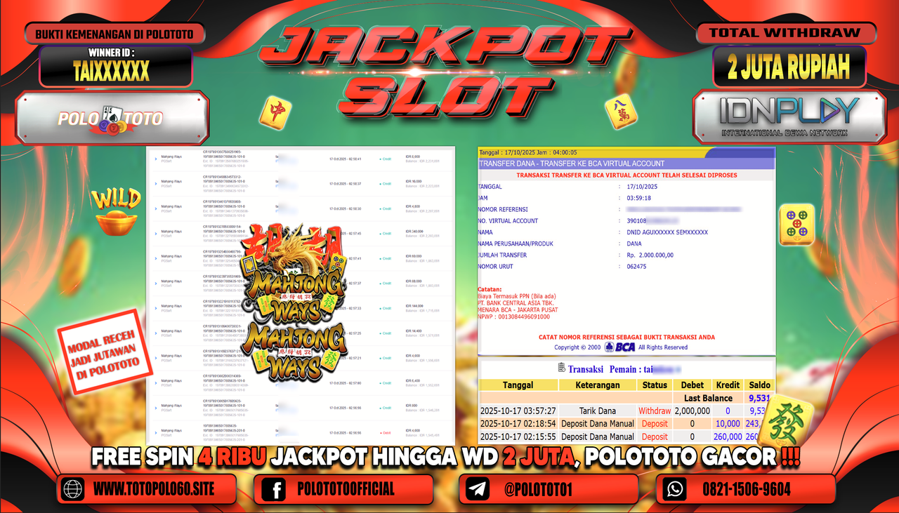 POLOTOTO JACKPOT SLOT MAHJONG WAYS Rp.2.000.000,-