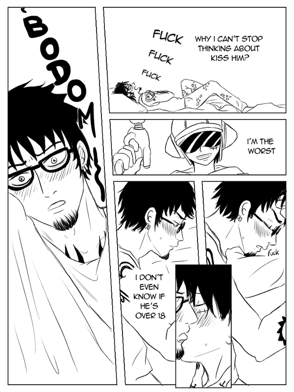 Page 9. Later, Law can’t stop thinking about Luffy, imagining kissing him, and feeling guilty because he doesn’t know his age.