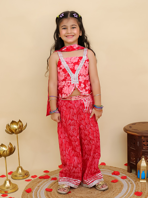 Kids Girls Party Wear Dress Floral Printed Girls Co-Ords Top Bottom Dupatta Set - Picture 18 of 18