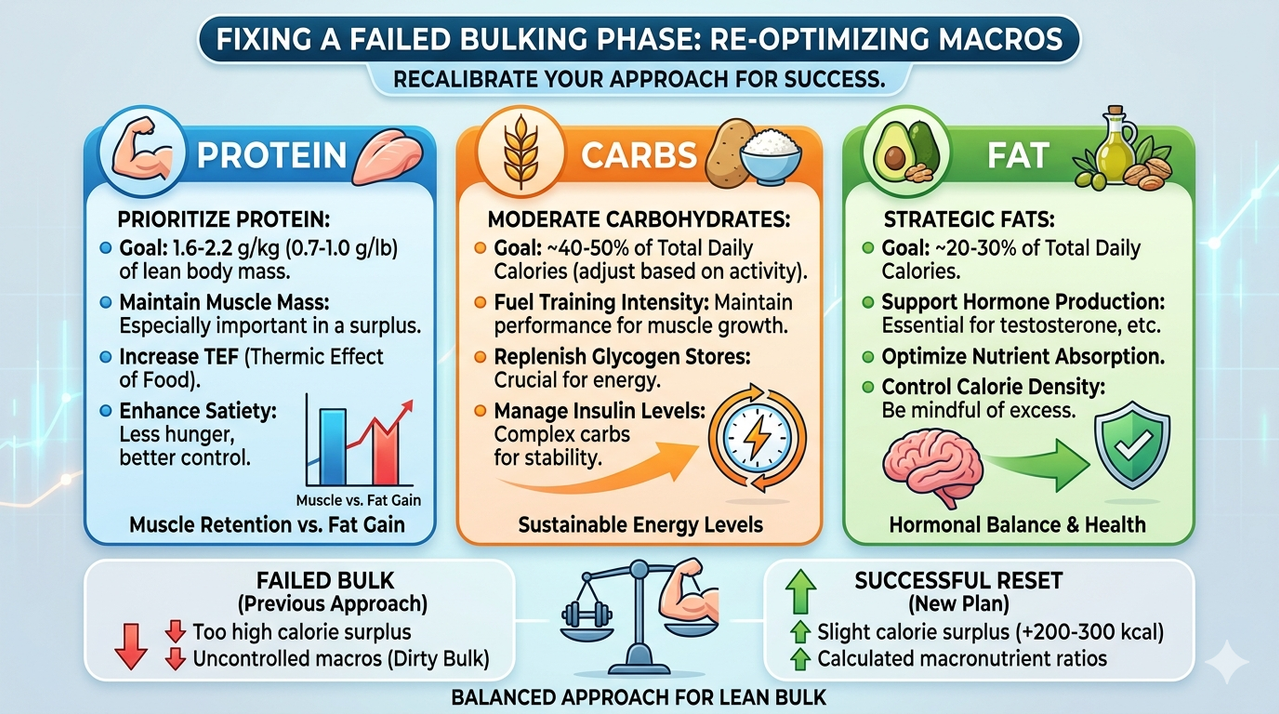 Infographic showing protein, carbs, fat recommendations for fixing failed bulking phase with macronutrient percentages, explaining how to restart bulking