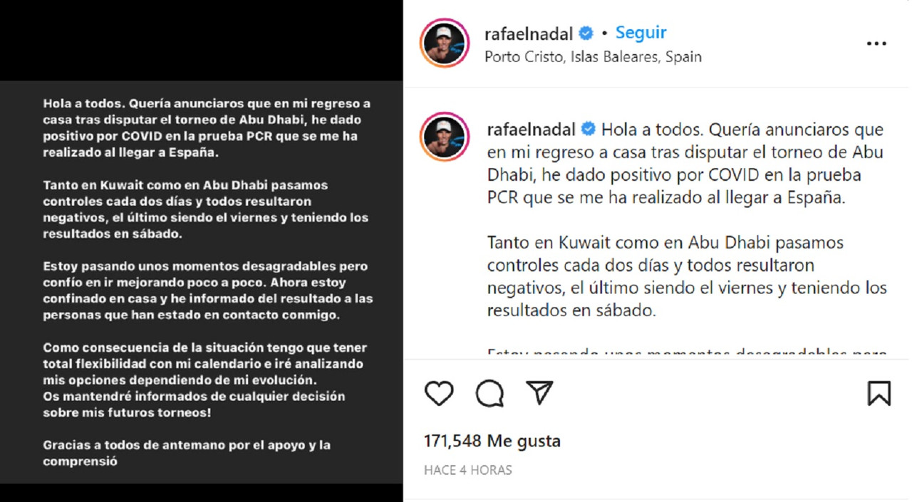 Rafael Nadal tiene COVID-19 ¿Cómo está enfrentando la enfermedad?