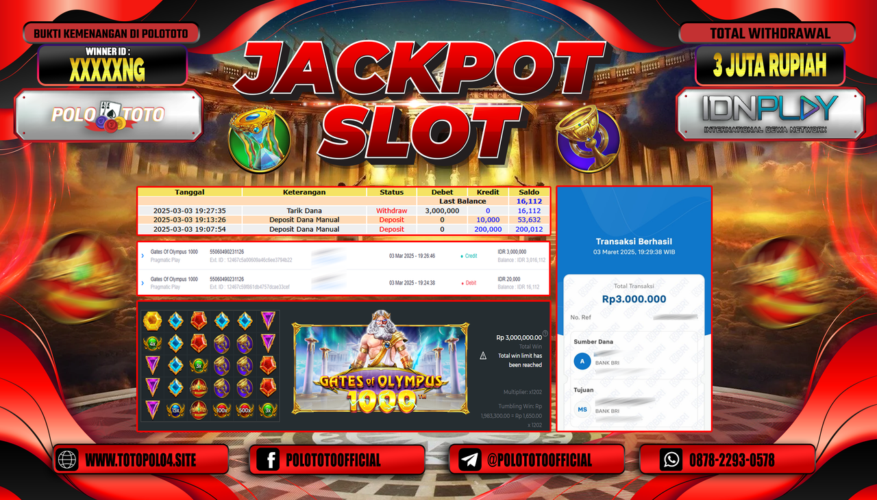 POLOTOTO JACKPOT SLOT GATES OF OLYMPUS 1000 Rp.3.000.000,-