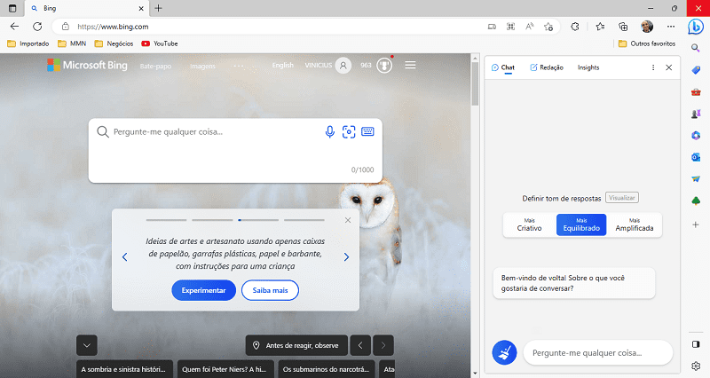 A imagem é um print do navegador Microsoft Edge aberto na página inicial do Bing. Nela mostra ao fundo uma coruja branca em um plano de fundo branco no tom de neve. Mostra também uma barra lateral com as novas funcionalidades do Bing Chat com Inteligência Artificial.