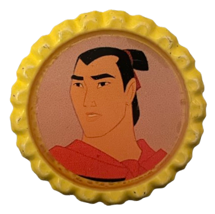 a pin that has a yellow plastic rim that seems to be mimicing a bottle cap edge and a photo of general shang from disney's mulan in the middle