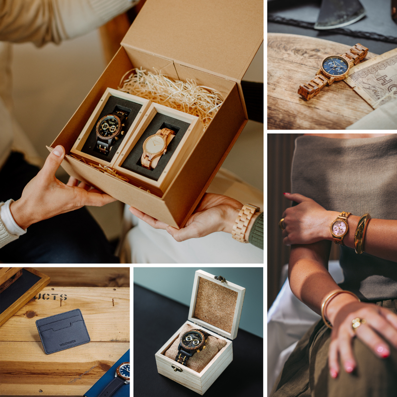 Collage der besten Dankeschön-Geschenke für Männer und Frauen von WoodWatch, darunter gravierte Holzuhren, umweltfreundliche Accessoires, personalisierte Armbänder und nachhaltige Lifestyle-Artikel