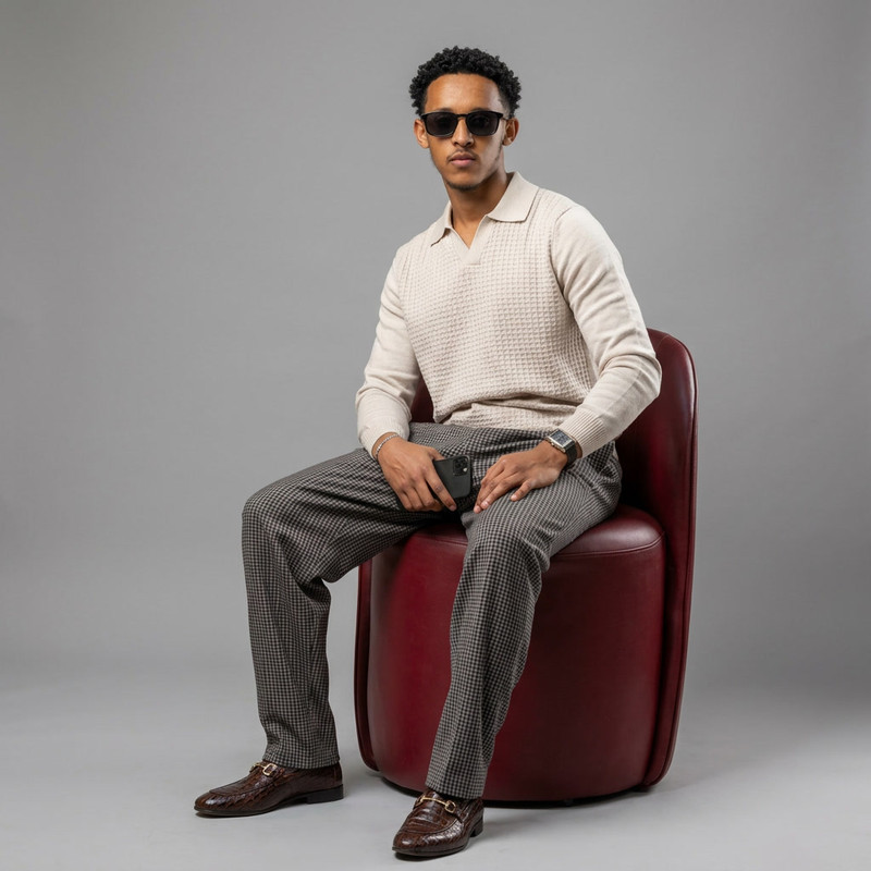 Ethiopian model showcasing stylish everyday casual men’s wear in a high-end studio photoshoot