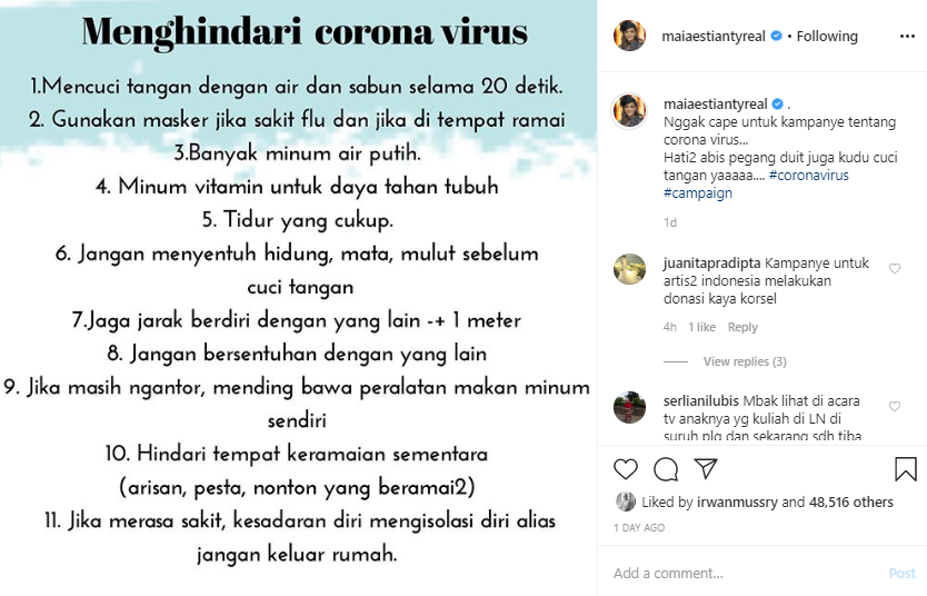 Maia Estianty menggaungkan cara menghindari virus corona atau Covid-19 (Instagram @maiaestiantyreal)