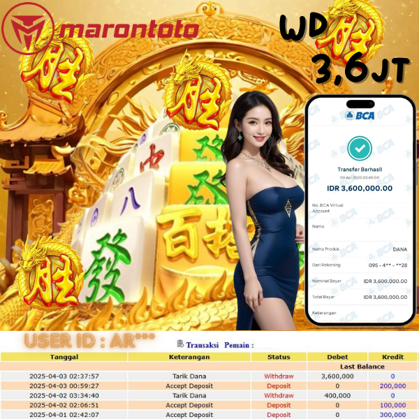Bukti Kemenangan Member Marontoto Sebesar 3,600,000 JuTa