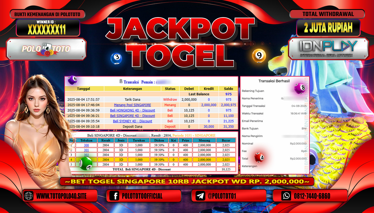 POLOTOTO JACKPOT TOGEL POOL SINGAPORE Rp.2.000.000,-LUNAS