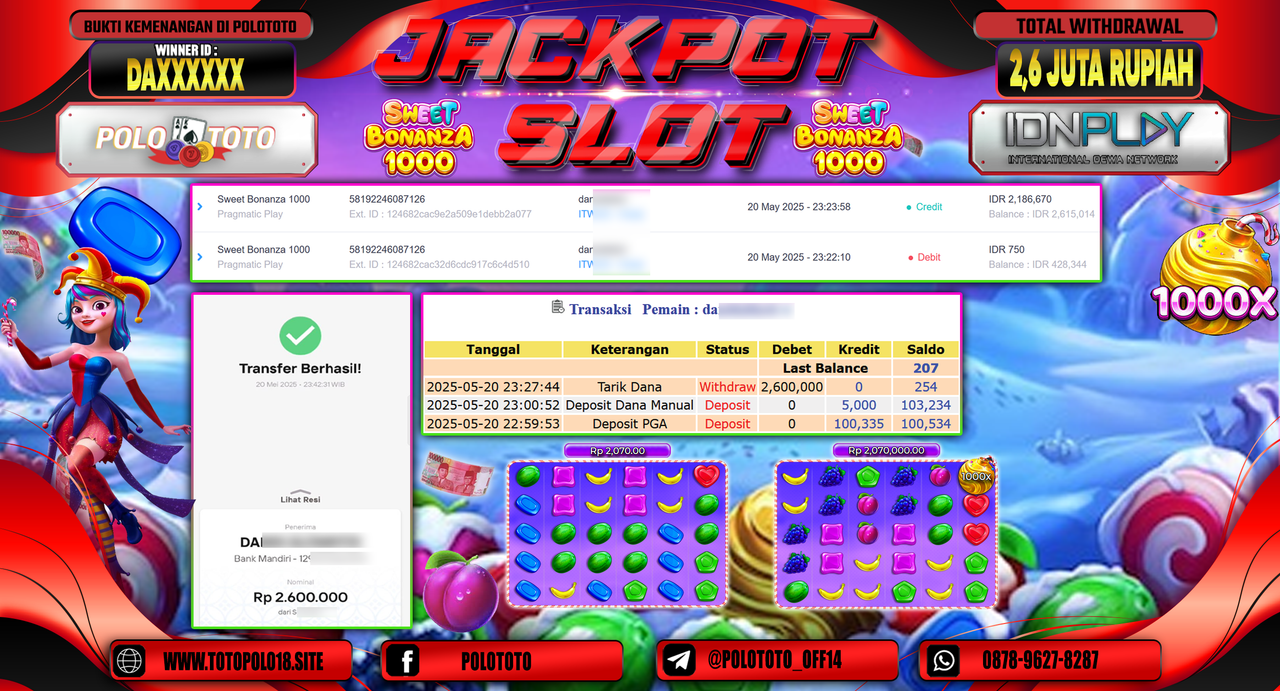 POLOTOTO JACKPOT SLOT SWEET BONANZA 1000 Rp.2.600.000,-