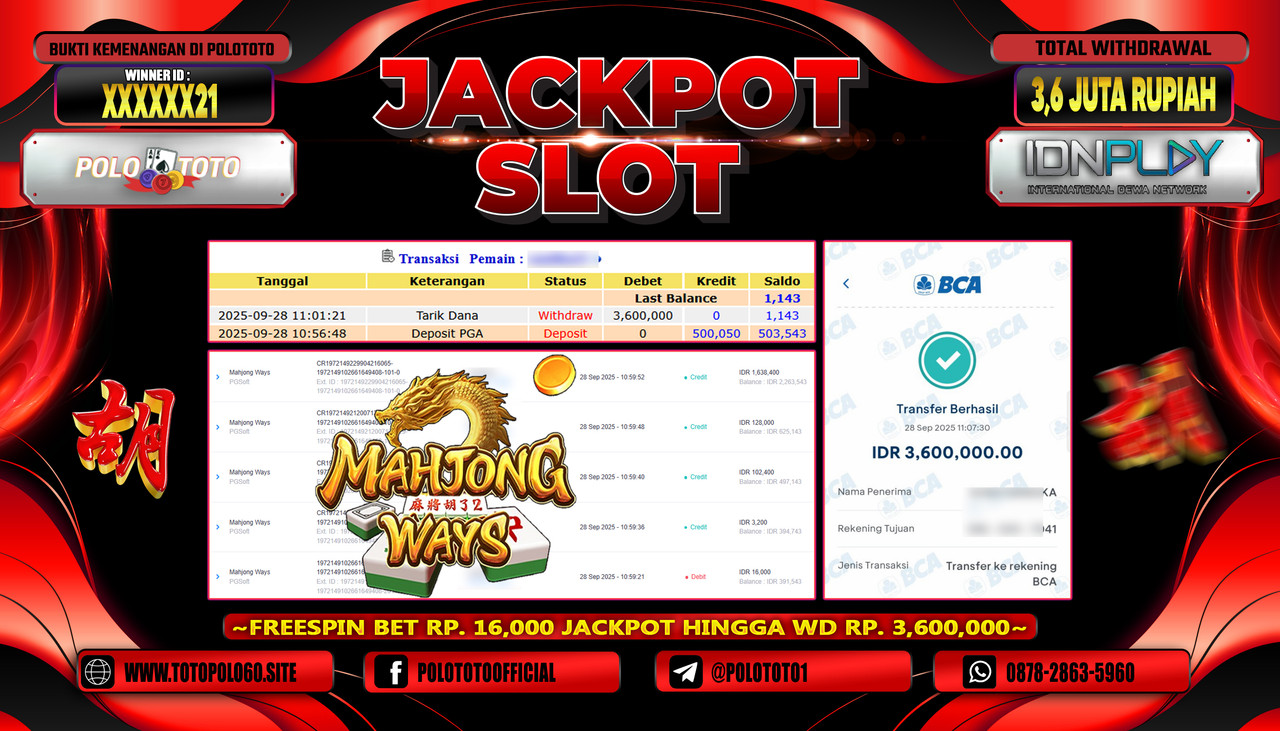 POLOTOTO JACKPOT SLOT MAHJONG WAYS Rp.3.600.000,- LUNAS