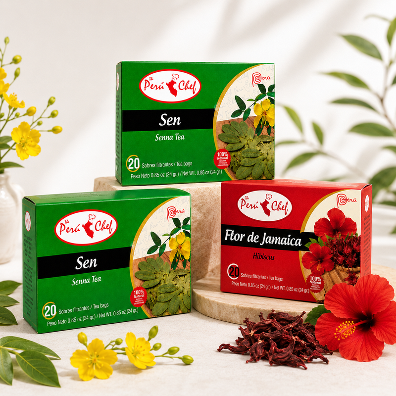 Two Senna Tea boxes and one Flor de Jamaica Hibiscus Tea box
