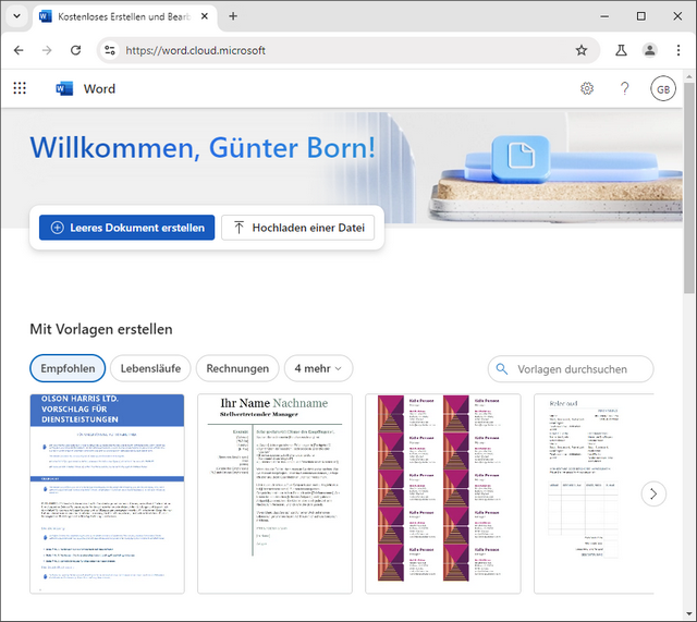 Startseite für Word-Web-App