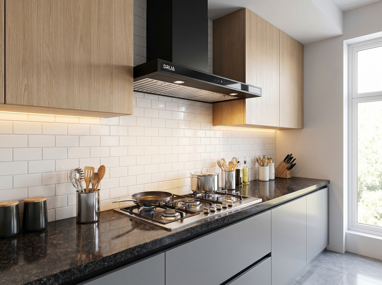Extractor de pared moderno de 36 pulgadas en color negro con panel táctil y doble chimenea instalado en un ambiente culinario contemporáneo