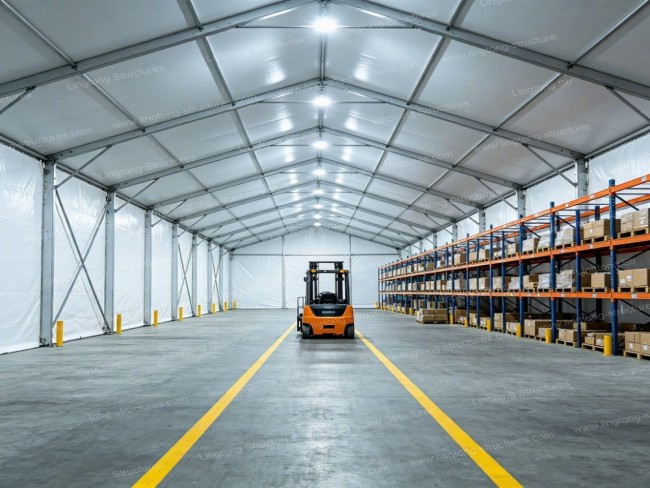Warehousing tent interior showing column-free space utilization