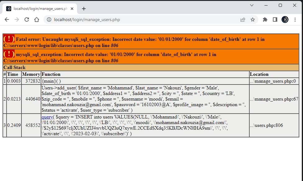 error when adding user