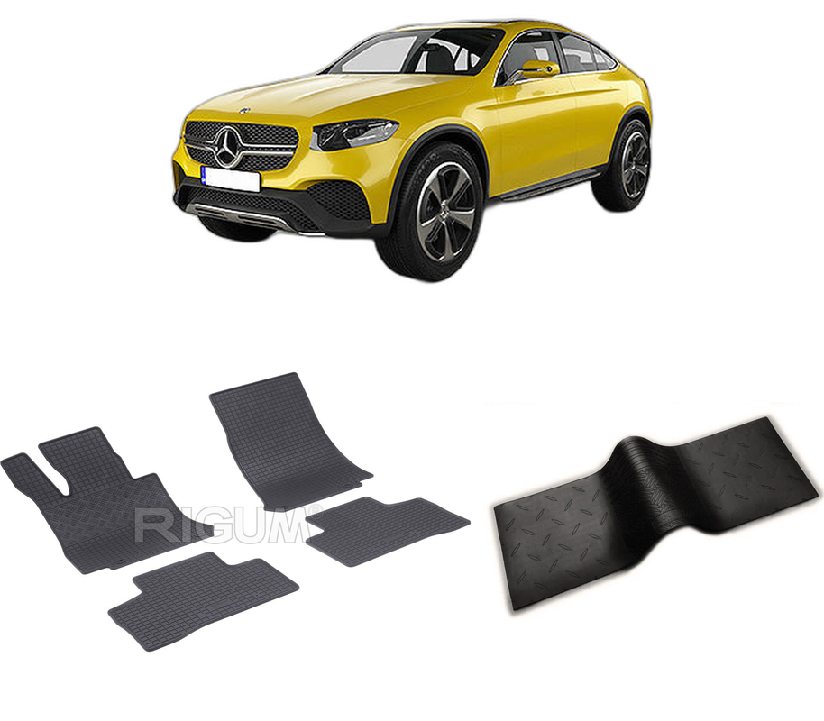 Set covorase auto MERCEDES GLC COUPE C253 din 09.2016-2023, cu covoras tunel median, CAROSERIE COUPE C253, Presuri cauciuc 100%, compatibil cu autoturismul MERCEDES GLC COUPE C253, Rigum