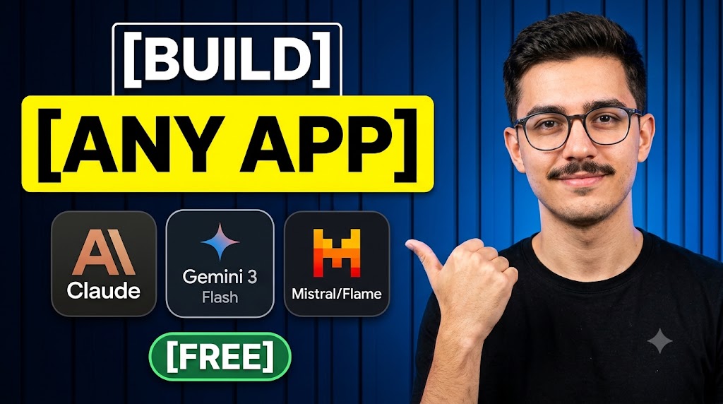 AI-generated example result for the youtube-thumbnail prompt: Build Any App For Free Thumbnail – Claude, Gemini & Mistral AI Tools AI YouTube Thumbnail Prompt