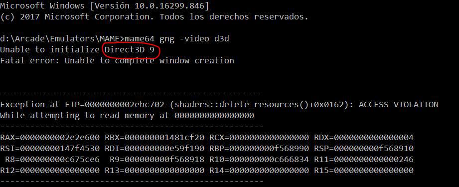 unable to initialize direct3d 9 mame
