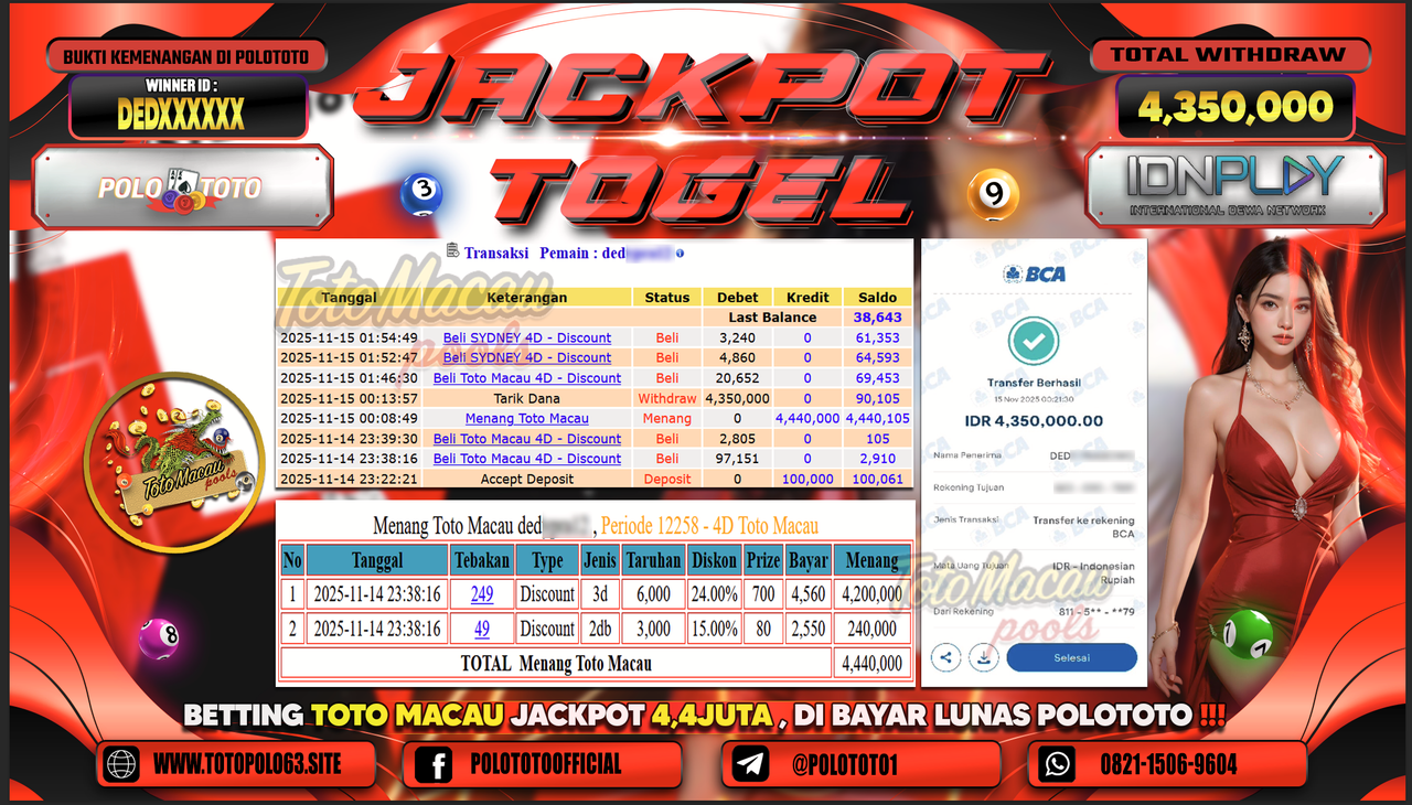 POLOTOTO JACKPOT MENANG TOGEL TOTO MACAU Rp.4.350.000,- LUNAS