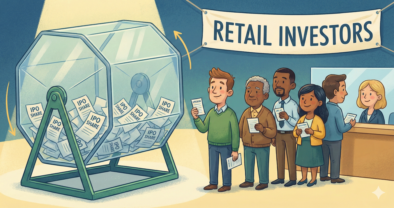 Illustration showing a lottery drum with IPO share slips and retail investors waiting