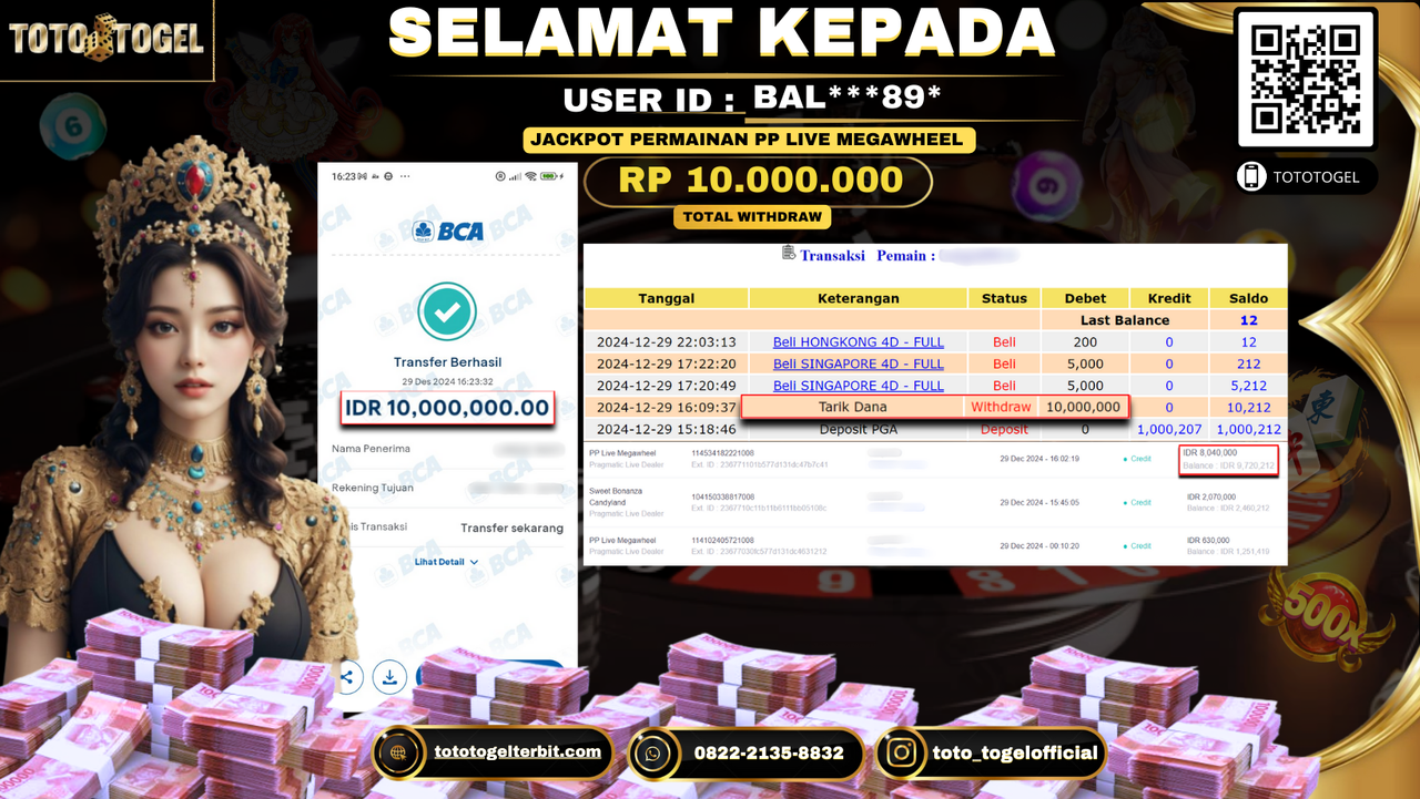 Bukti Pembayaran Jackpot  Permainan Pp Live MegaWheel  : BAL***89* LUNAS