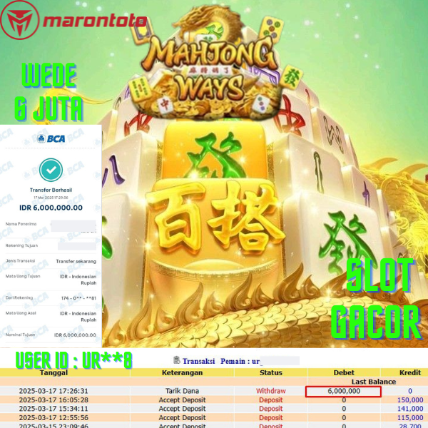 Bukti Kemenangan Member Marontoto Sebesar 6,000,000 JuTa