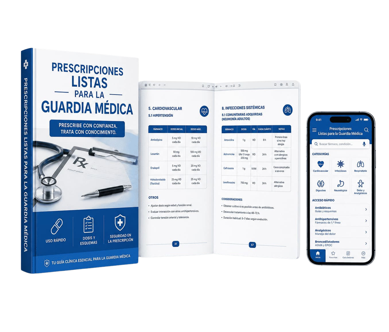 Mockup de Prescripciones Listas para la Guardia Médica en celular y libro