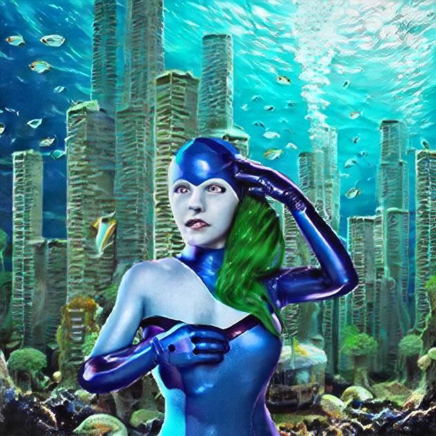 Blue skinned aquatic humanoid female superheroine with green hair and blue costume