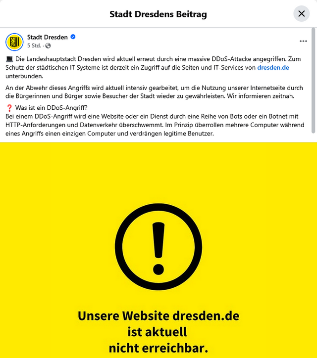 Dresden: Webseite nach DDoS-Angriff nicht erreichbar (30.4.2025)