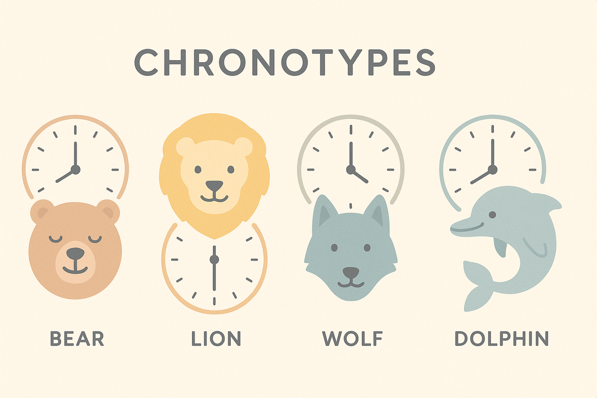 Infographic of Bear, Lion, Wolf, and Dolphin chronotypes on a clock layout