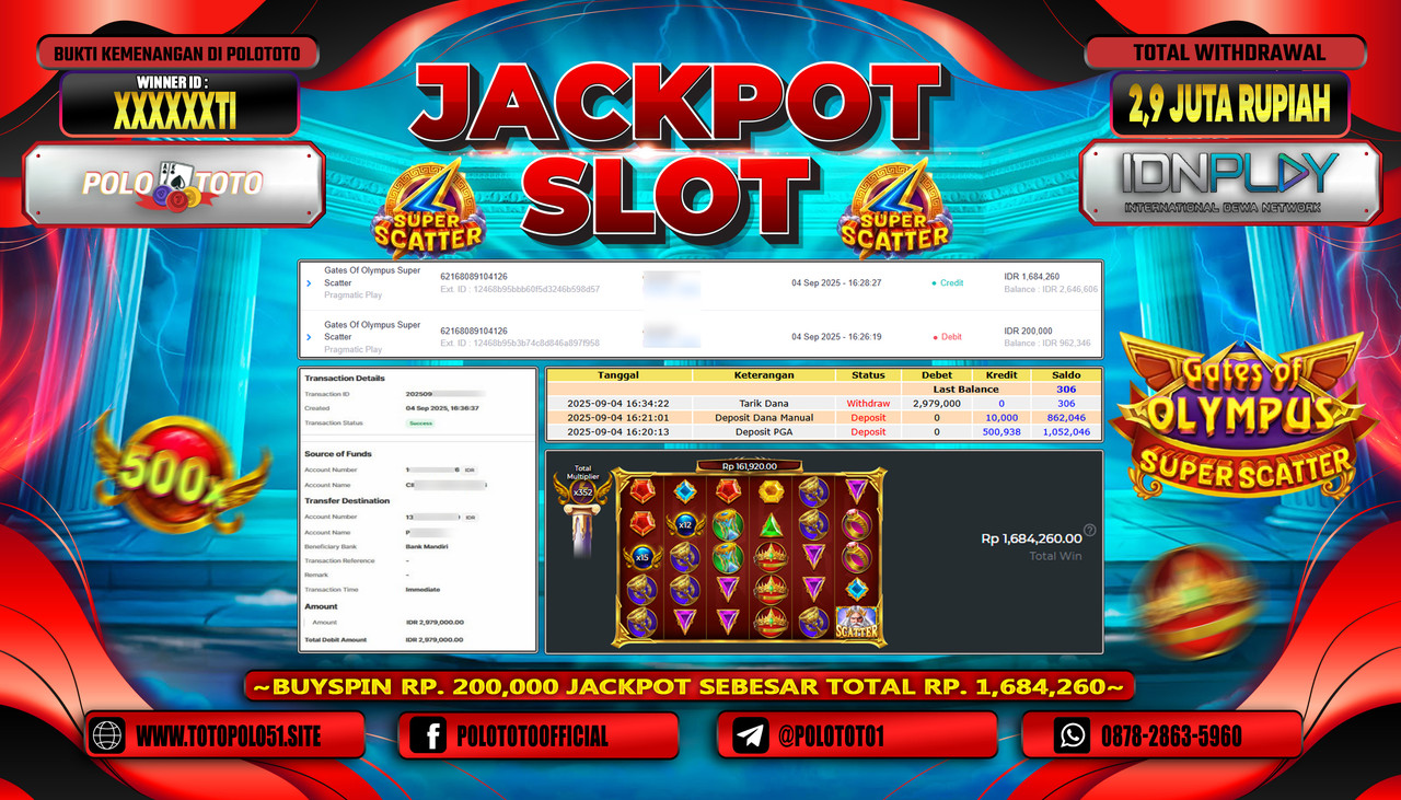 POLOTOTO JACKPOT SLOT GATES OF OLYMPUS SUPER SCATTER Rp.2.900.000,- LUNAS