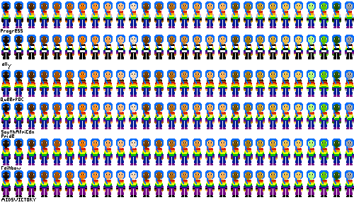 a row of people with pride flag shirts and dark blue hair