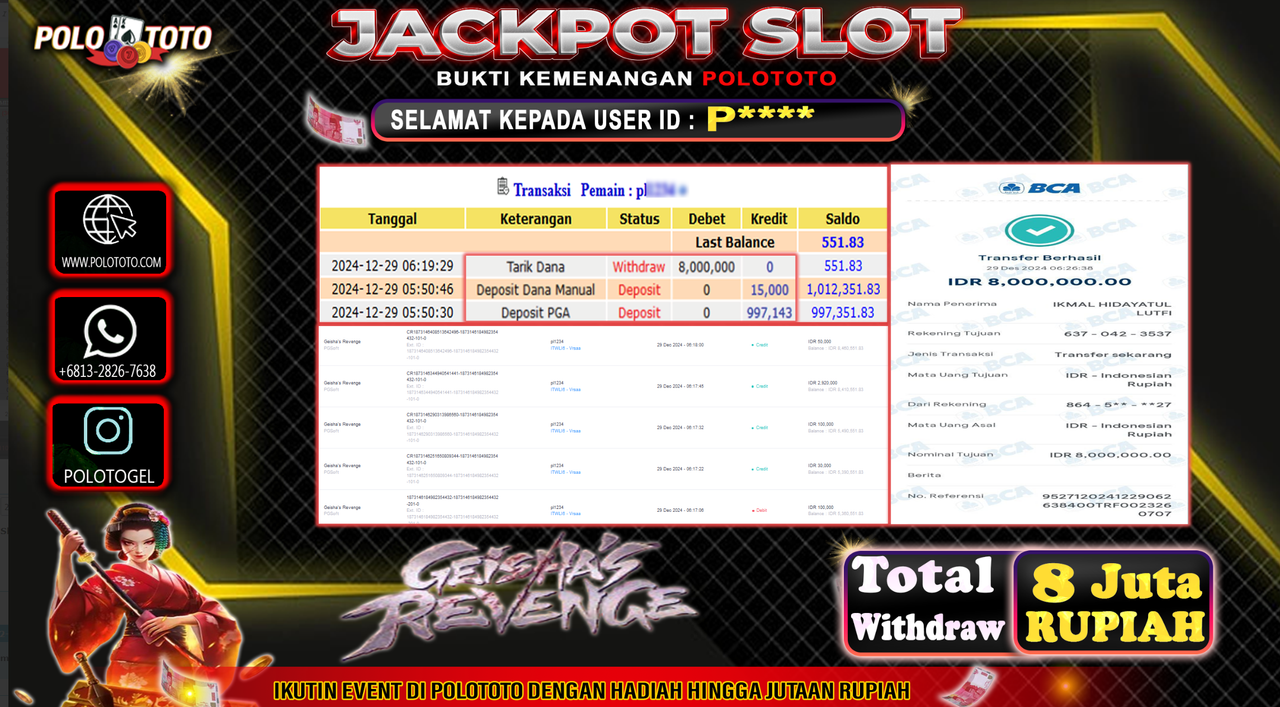 POLOTOTO JACKPOT SLOT GEISHA REVENGE Rp.8,000.000,-