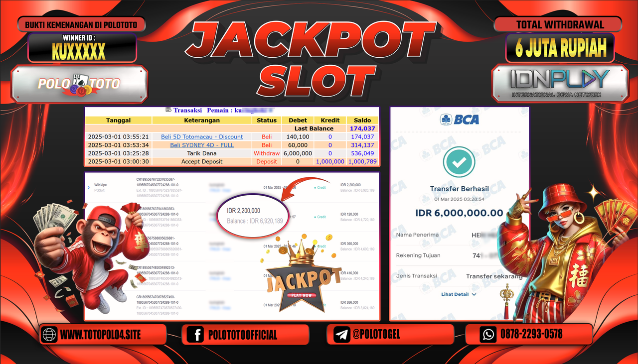 POLOTOTO JACKPOT SLOT WILD APE Rp.6.000.000,-