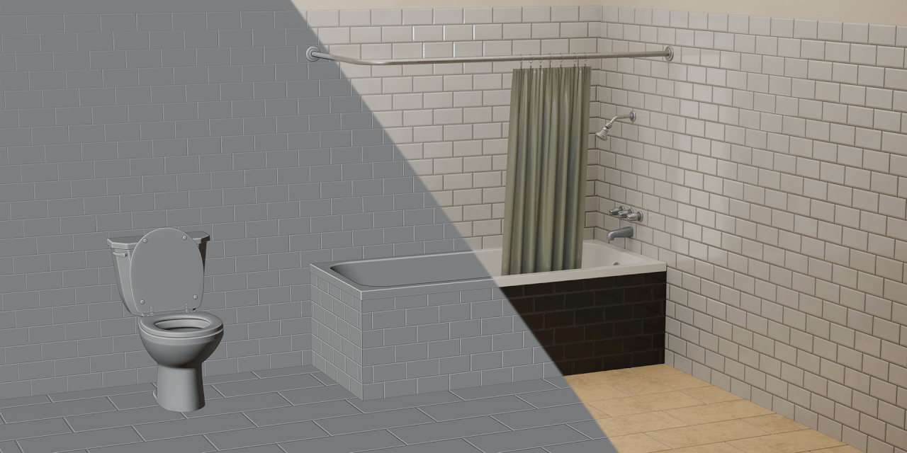 Split views comparing solid viewport geometry and final renders across several tile configurations