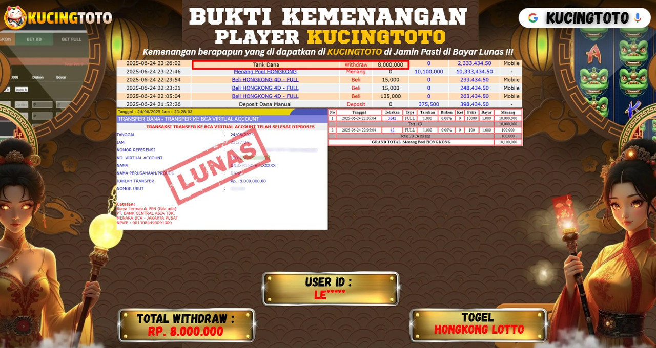 KUCINGTOTO JACKPOT TOGEL HONGKONG LOTTO : RP.8.000.000.,- LUNAS