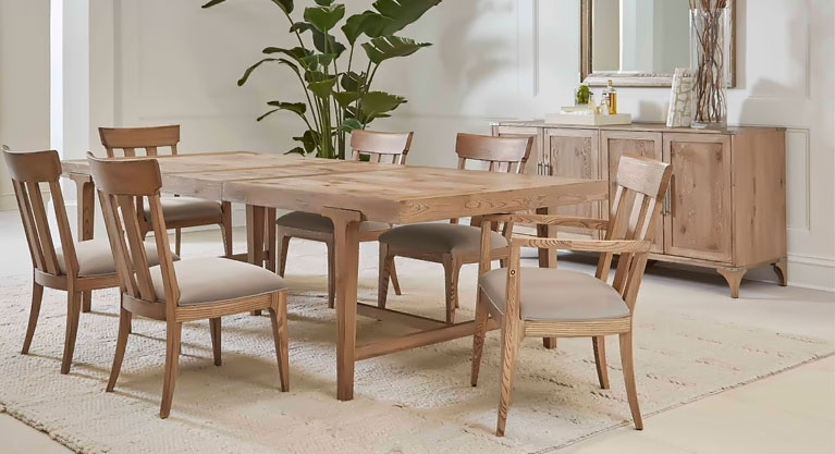 Bon appetit! Whether you use your dining table for weekly game nights or gourmet dinners, this rectangular light oak dining table will have your family feeling right at home – and your guests feeling like they’ve just stepped into a magazine. This table has one 20” leaf that extends to 107”, and comfortably accommodates 6 to 10 chairs.
