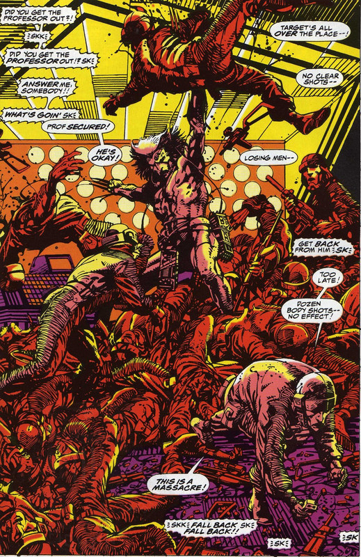 A brutally graphic scene showing Wolverine standing on top of a mound of soldier corpses while actively impaling those that still challenge him.