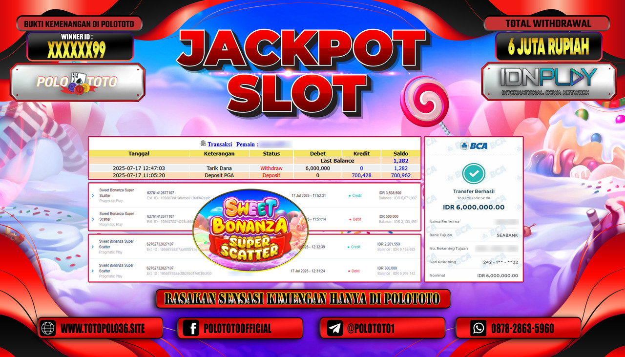 POLOTOTO JACKPOT SLOT SWEET BONANZA SUPER SCATTER Rp.6.000.000,- LUNAS