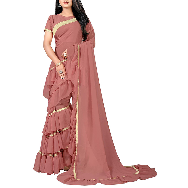 Women’s Designer Ruffle Saree Georgette Frill Stylish Sari Cocktail Party Wear