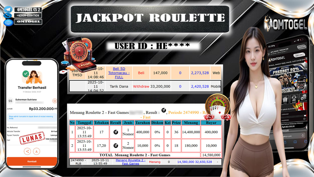 OMTOGEL JACKPOT LIVE GAMES ROULETTE 2 - FAST 33 JUTA DI BAYAR LUNAS ,-