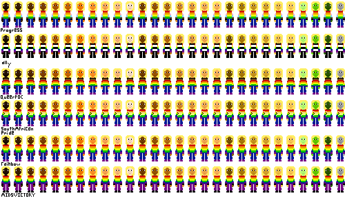 a row of people with pride flag shirts and light blond hair