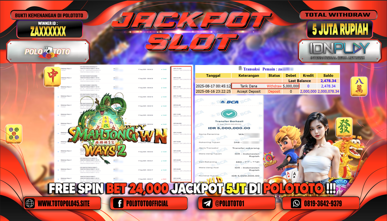 POLOTOTO JACKPOT SLOT MAHJONG WAYS 2 Rp.5.000.000,-