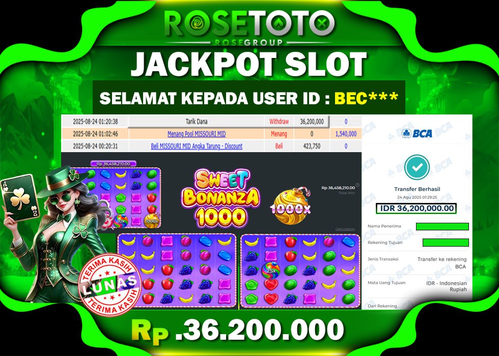 ROSETOTO JACKPOT SLOT SWEET BONANZA 1000 Rp.36.200.000.,- LUNAS