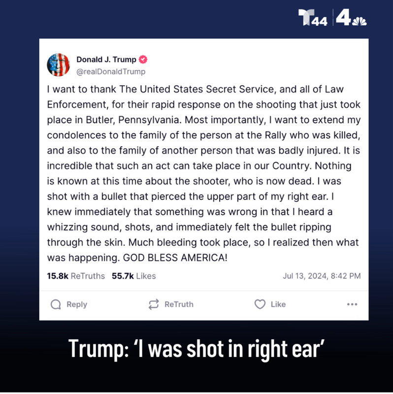 NBC4 Washington  Trump says in Truth Social post that he was shot in the ear⁠ ⁠ I want to thank The 