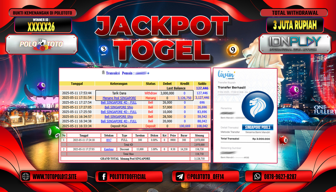 POLOTOTO JACKPOT TOGEL SINGAPORE POOLS Rp.3.000.000,-