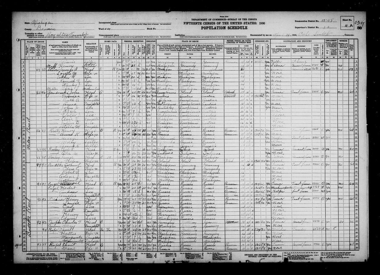 Herbert Engel 1907 Census 1930 Michigan