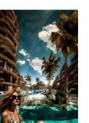 Lifestyle pool scene at Shivo Gardens showing residents and guests enjoying lagoon pool with tropical cocktails, sun loungers, relaxation areas, and luxury villa backdrop in Zanzibar resort paradise